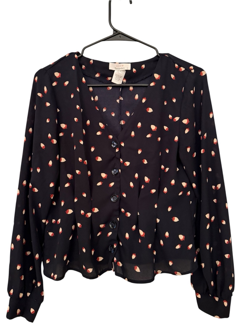 URBAN Romantics Navy Blouse Unique All-Over Fall-Themed Acorn Print